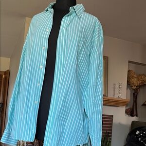 Burberry Teal and White Striped Men's Shirt